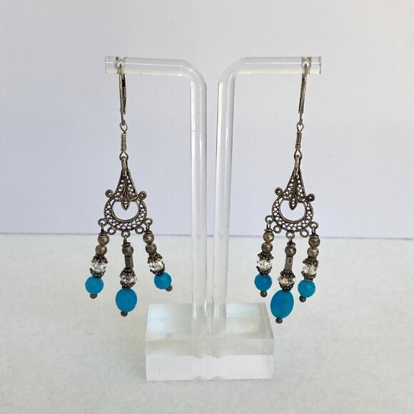 Sterling Silver 925 Blue Glass Beaded Filigree Fringe Chandelier Dangle Earrings - Picture 7 of 15